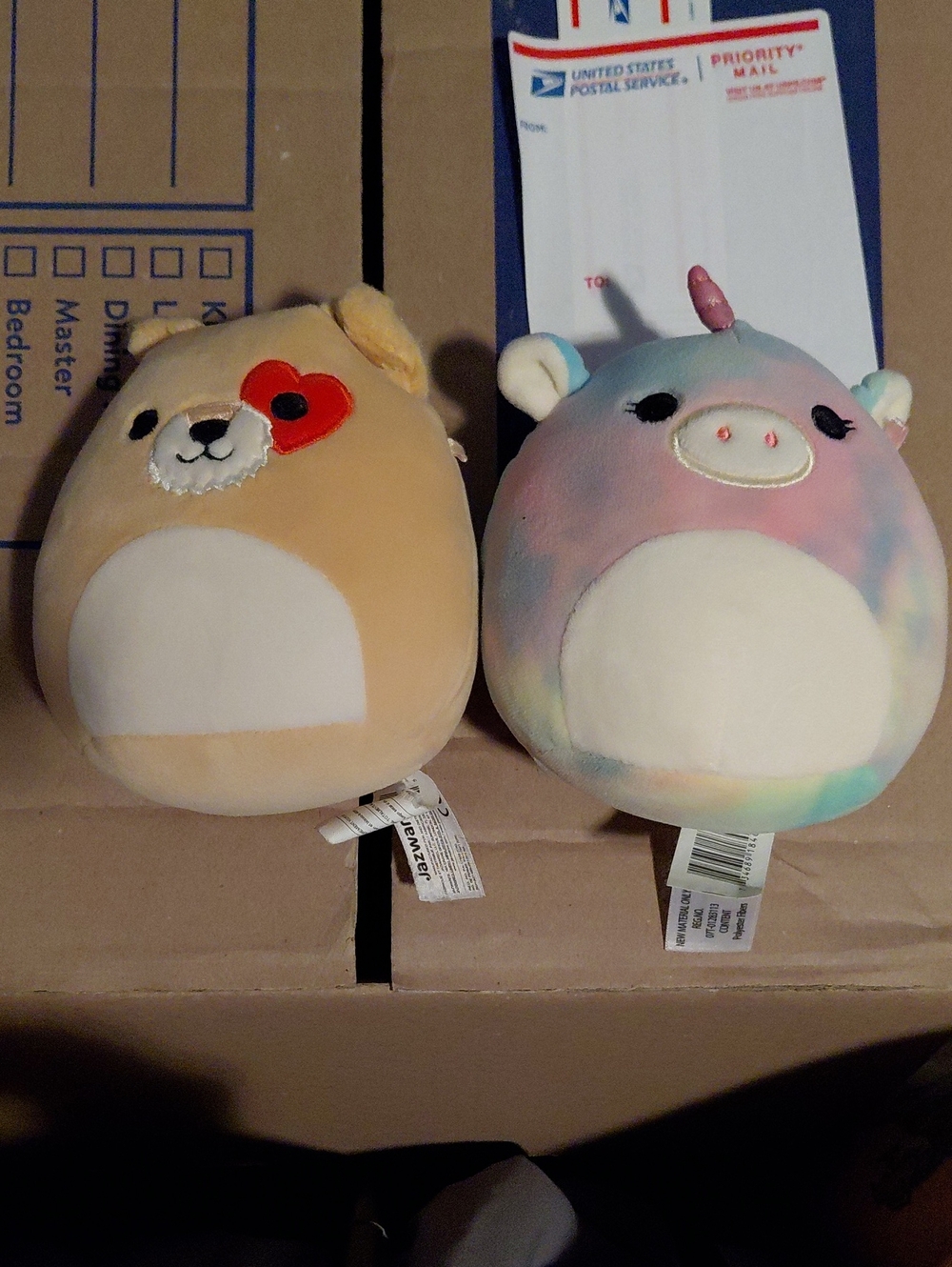 Squishmallows Beige Bear with Red Heart & Pastel Rainbow Unicorn Plush Set
